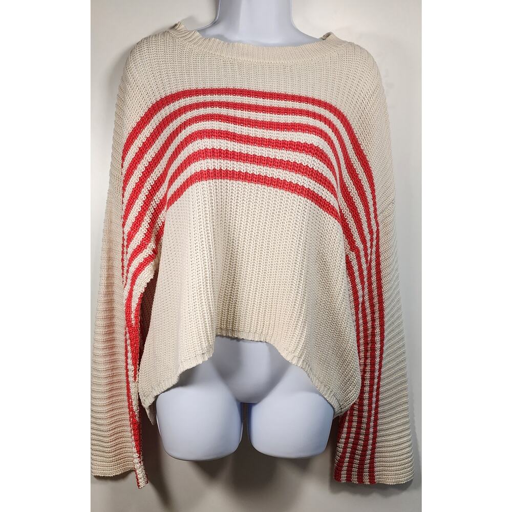 Aerie Cream Red Stripe Cropped Knit Sweater Coastal Preppy M‎